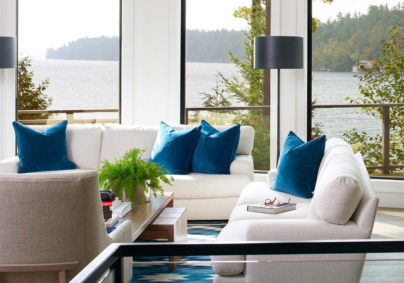 Living room with a view of a lake